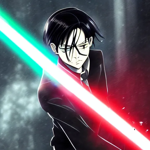 Prompt: Levi Ackerman in a fight using lightsabers, 4k wallpaper, handsome face, HD anime, realistic anime, rain aesthetic