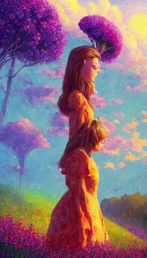 Image similar to girl with giant flower as a face and flower dress, standing in a flower field hills, big trees, sunrise dramatic light, impressionist painting, colorful clouds, digital painting, pointillism, artstation, simon stalenhag