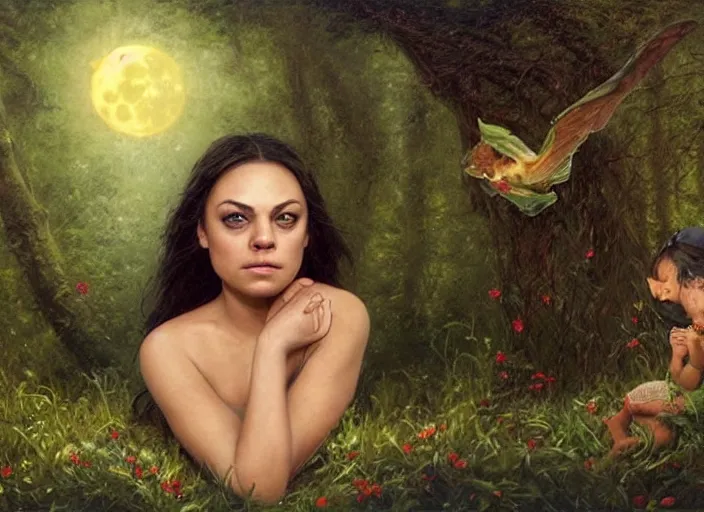 Image similar to Mila Kunis staring into the camera singing a lullaby, fireflies, full moon, Lilia Alvarado, Sophie Anderson, Mark Arian, Bob Byerley, Charlie Bowater, Mark Brooks, Steve Henderson, Justin Gerard, Arthur Hughes, Edward Robert Hughes, Mark Keathley, Victor Nizovtsev, Carlos Shwabe, Ross Tran, WLOP