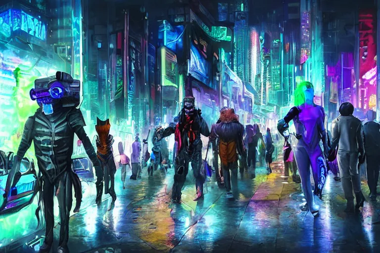 Image similar to high - resolution photograph from a cyberpunk era furry fandom convention ( midwest furfest 2 0 4 7 ), taking place after the genetic revolution and quantum singularity. photorealistic.