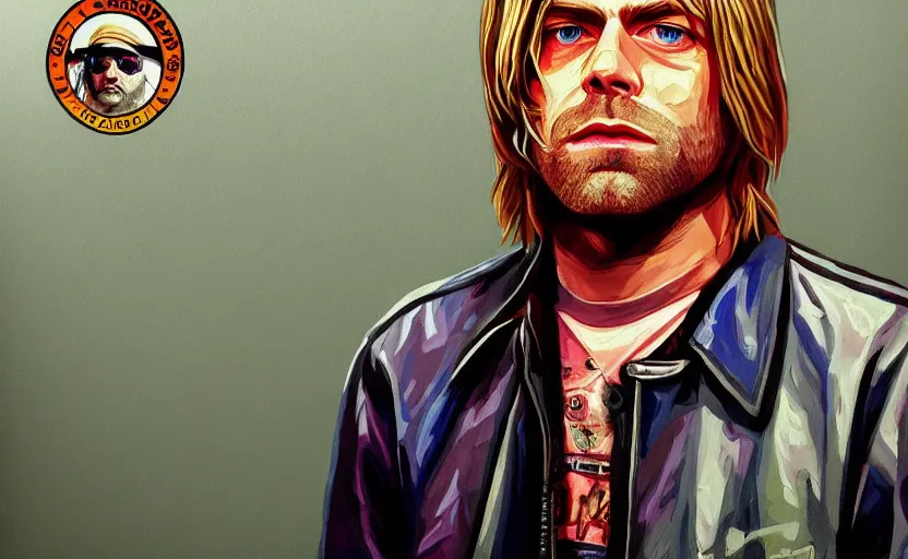 Image similar to kurt cobain in gta v covert art painted by stephen bliss, centered, uncropped, full body, symmetrical face, crispy, trending on artstation, deviantart