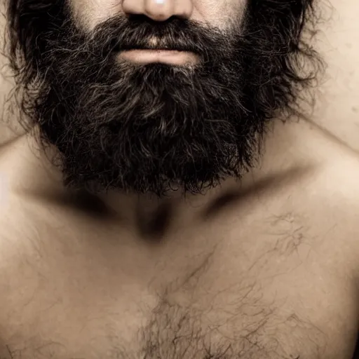 Image similar to portrait close up of a man with a very square and large jaw, his face lines are harsh, he has no beard but long black hair, he looks like a cave man bronze, soft lighting, rough lines