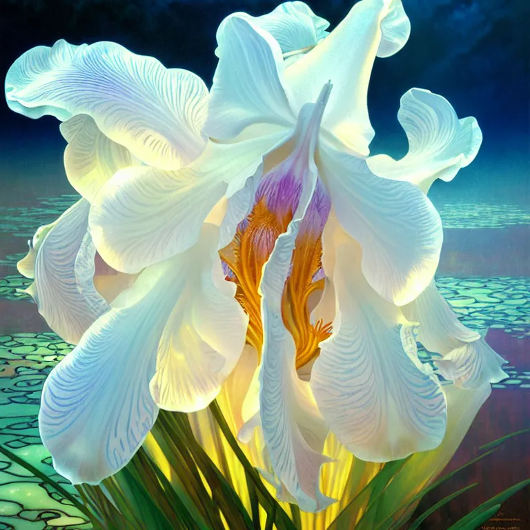 Prompt: detailed giant white holographic orchid iris hybrid flower surrounded by waves, lsd water, lsd ripples, droplets, backlit, sunset, refracted lighting, art by collier, albert aublet, krenz cushart, artem demura, alphonse mucha