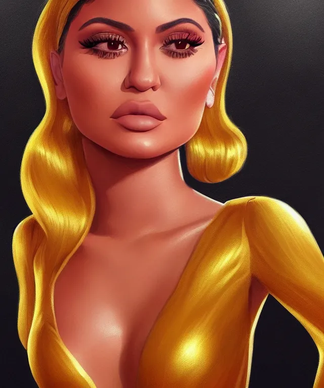 Prompt: Kylie Jenner in a shiny golden dress, highly detailed, digital painting, artstation, concept art, smooth, sharp focus, illustration, ArtStation