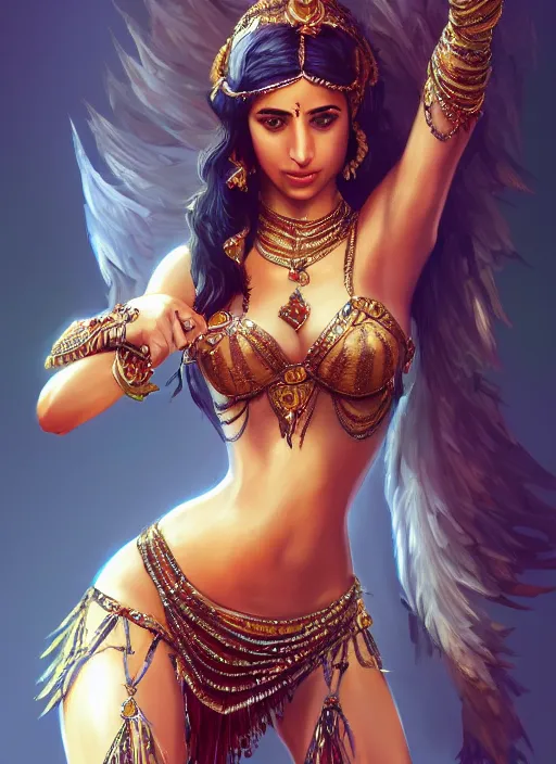 Image similar to a highly detailed illustration of naomi scott as arabian belly dancer, elegant pose, intricate, elegant, highly detailed, centered, digital painting, artstation, concept art, smooth, sharp focus, league of legends concept art, wlop.