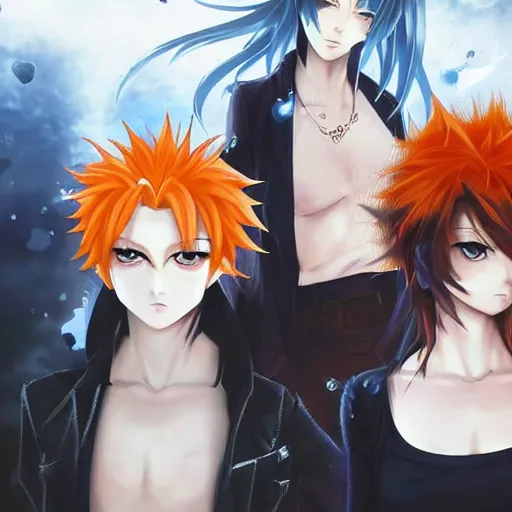 Image similar to orange - haired anime boy, 1 7 - year - old anime boy with wild spiky hair + 1 7 - year - old pale - skinned persian girl with black hair long bob cut, long bangs, black gothic jacket, ultra - realistic, sharp details, subsurface scattering, blue sunshine, intricate details, hd anime, 2 0 1 9 anime