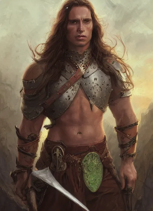 Image similar to a warrior in his twenties with long light brown hair tied back, light green eyes, a large forehead, a widows peak and a round face with high cheekbones and full lips as a realistic d & d fantasy character, portrait art by donato giancola and greg rutkowski, vintage retro, realistic face, digital art, trending on artstation