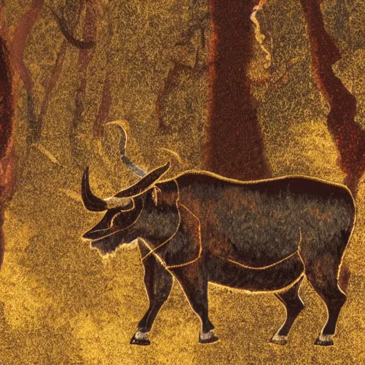 Prompt: artistic photo of minotaur in the forest, dim light, extremely detailed, gold accents