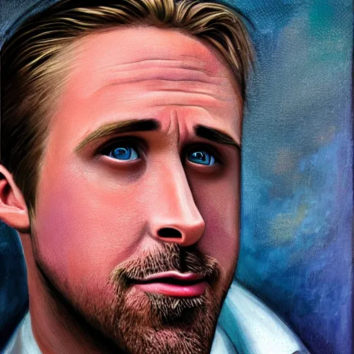 Prompt: Ryan Gosling with two noses, portrait painting