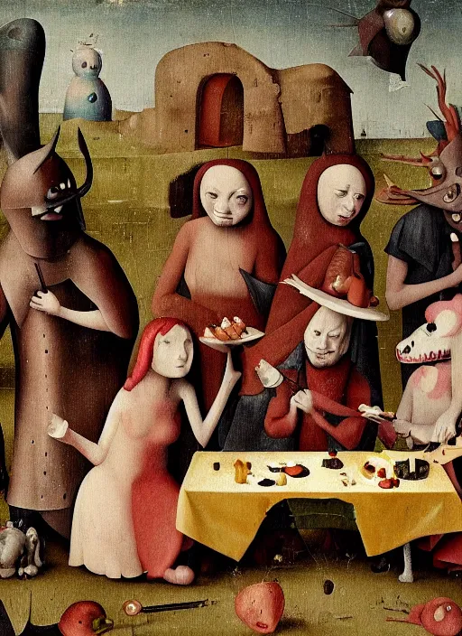 Image similar to fnafs eating cakes painted by hieronymous bosch, detailed digital art, trending on Artstation