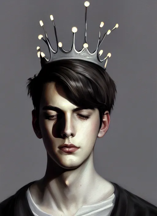 Image similar to portrait of teenage jughead jones wearing a light grey crown, photorealistic, crown, eyes closed, crown, black hair, intricate, elegant, glowing lights, highly detailed, digital painting, artstation, concept art, smooth, sharp focus, illustration, art by wlop, mars ravelo and greg rutkowski