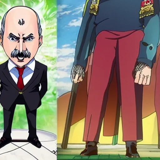 Prompt: alexander lukashenko as a main villain in anime in style of hayao miyazaki