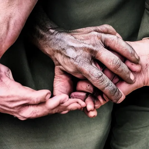 Prompt: futuristic posthuman holding hands with homo habilis, award - winning photograph, hd photograph, 2 0 4 0 photograph