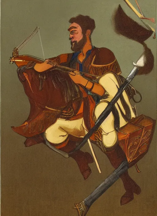 Image similar to illustration of gordan freeman as a bard, playing a lyre and riding a horse by greg rutkowki, bayard wu