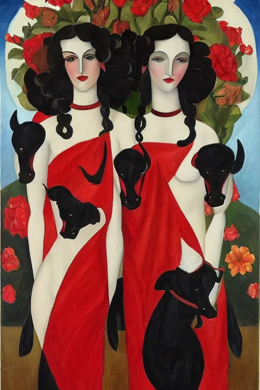 Prompt: highly detailed painting of gemini goddesses wearing red flamenco gowns, standing behind a black bull, framed with flowers by tamara de lempicka