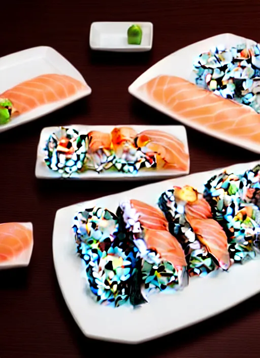 Image similar to clear photograph of cute cats eating sushi from sushi plates