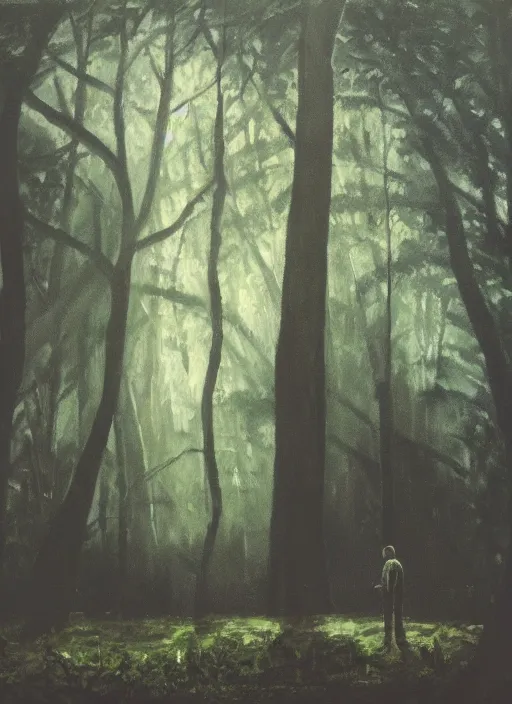 Image similar to a white silhouette of a man against a dark forest background, lots of plants, low light, oil painting