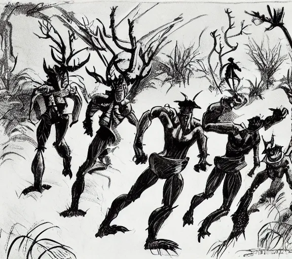 Image similar to four adventurers are chased through the woods, by a group of mantis men, pen and ink, by frank Frazetta