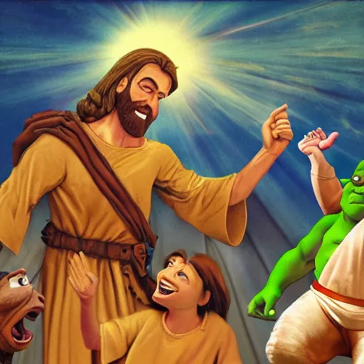 Image similar to Jesus Christ battling shrek in heaven