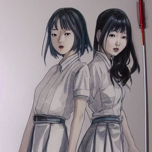 Image similar to a perfect, realistic professional digital sketch of two Japanese schoolgirls posing, in style of Marvel, full length, by pen and watercolor, by a professional American senior artist on ArtStation, a high-quality hollywood-style sketch, on high-quality paper