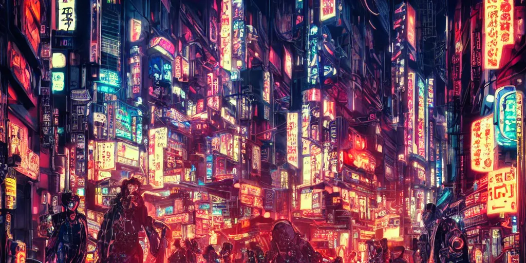 Image similar to Intricate cyborgs on a cyberpunk Tokyo street with neon signs in Japanese. 80-s sci-fi, 8K, Highly Detailed, ArtStation. C 11.0