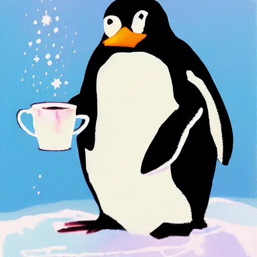 Image similar to penguin kawaii taking a coffee in the middle on the artic, trending in art station polaroid