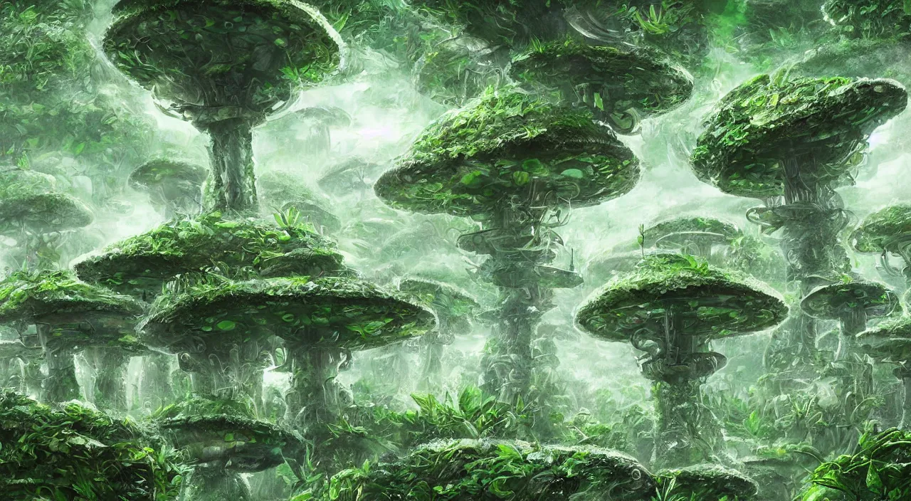 Image similar to a futuristic mushroom city, stone and jungle vegetation, green and white mushrooms, fantasy painting, concept art, illustration