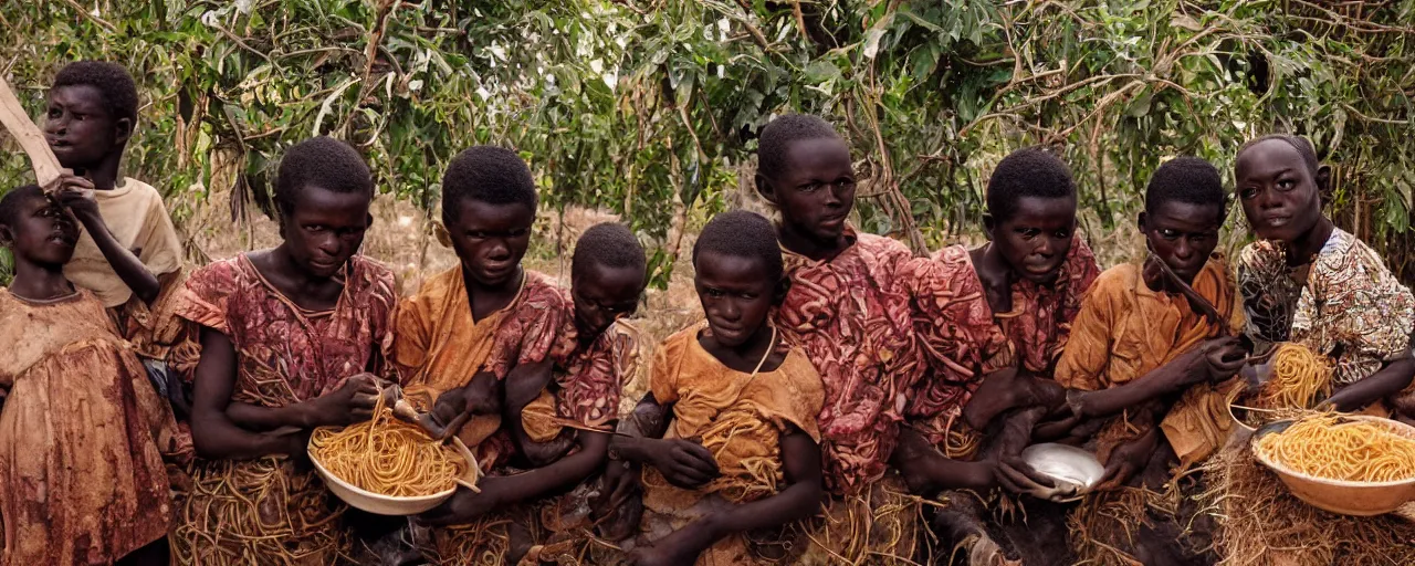 Image similar to people in an african village discovering spaghetti in a bush, high detailed face, facial expression, small details, intricate, canon 5 0 mm, high detail, intricate, cinematic lighting, photography, wes anderson, film, kodachrome