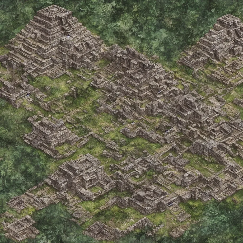 Prompt: Detailed map of ancient mayan ruins in a 2.5D video game, by Greg Rutkowski