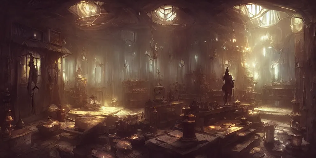 Image similar to dark dreamy shop interior by bastien lecouffe - deharme and charles bowater, greg rutkowski, adventure game, inspired by diablo concept art