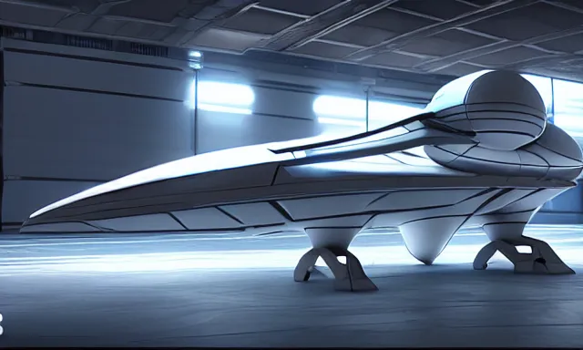 Image similar to octane render, high quality, unreal engine 5, spaceship in hangar