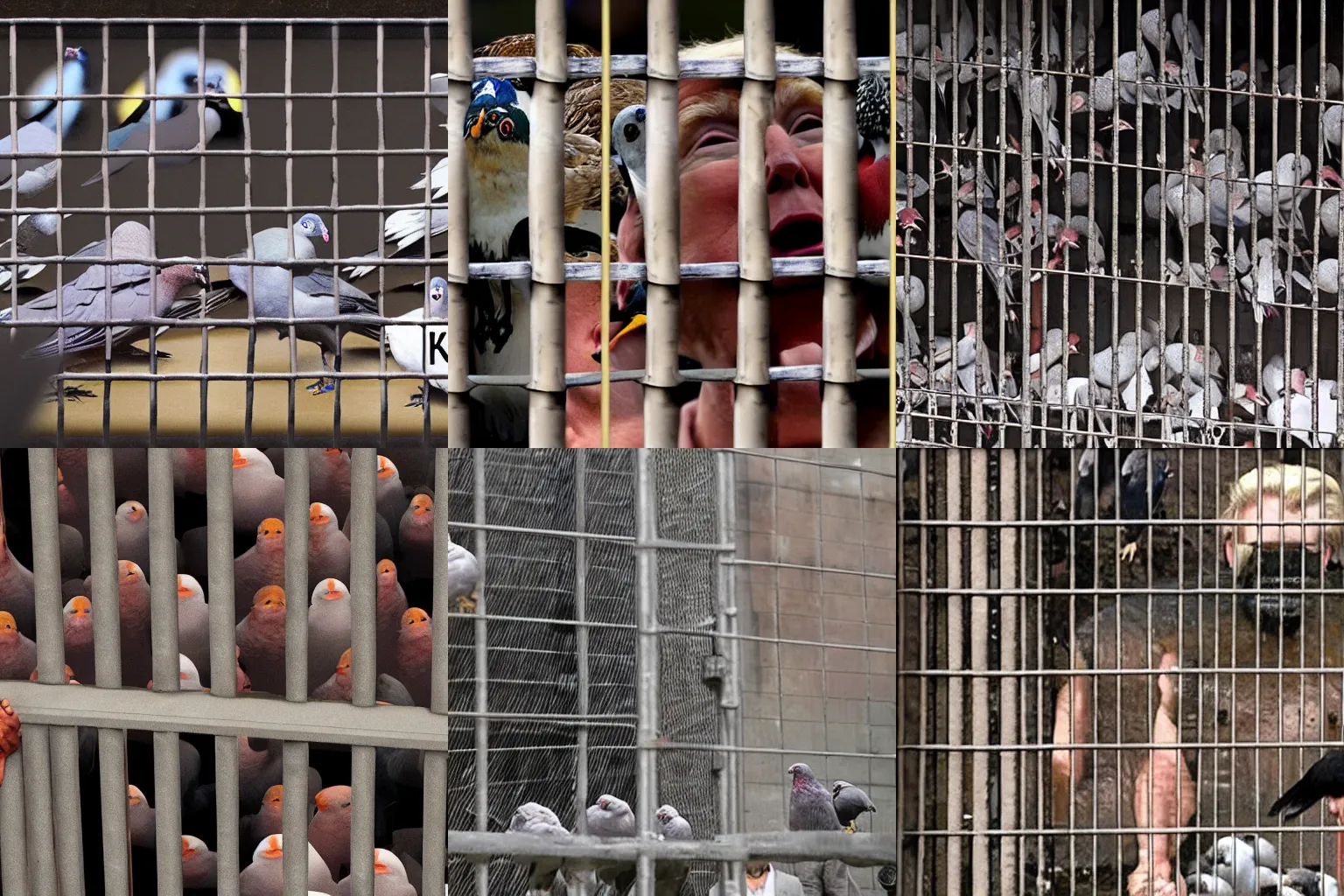 Prompt: trump behind bars made of human flesh while pigeons fight in the distance with cats