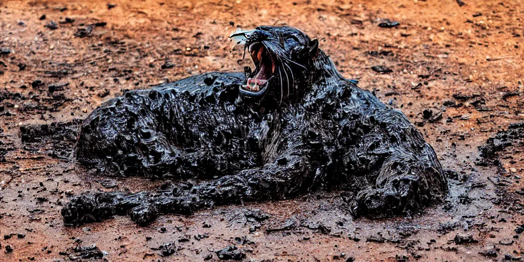 Image similar to a panther, made of ferrofluid, bathing inside the tar pit, full of tar, covered with ferrofluid. dslr, photography, realism, animal photography, color, savanna, wildlife photography