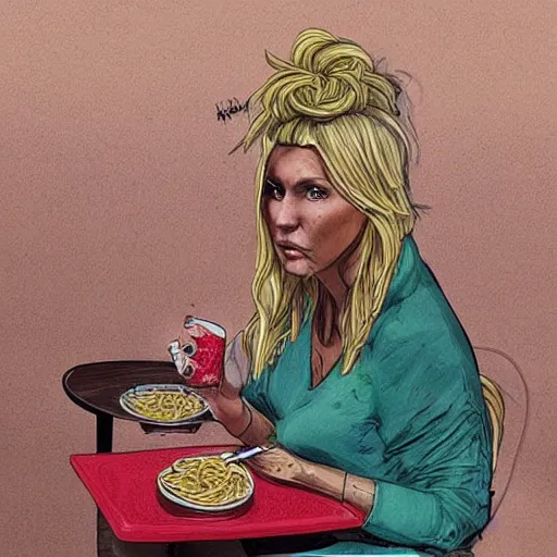 Image similar to “ ke $ ha eating spaghetti at a starbucks, detailed, realistic ”