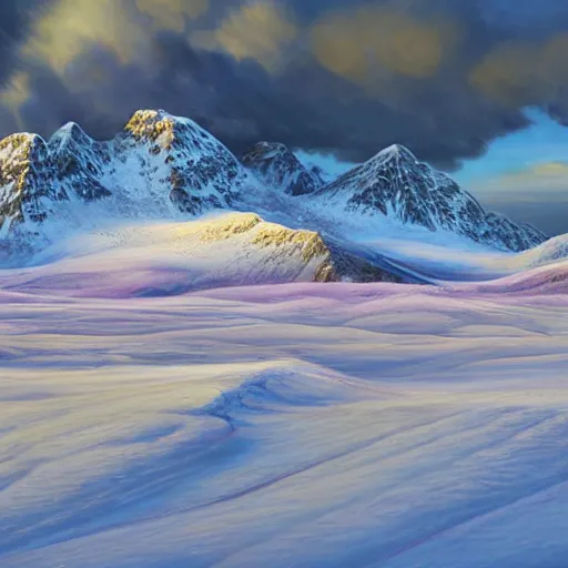 Image similar to A professional digital landscape painting of a vast wintery tundra with peaking mountains in the background, painted by Terese Nielsen, 4k, digital art, trending on cgsociety, highly detailed, upper body shot, shallow depth of field, purple and yellow lighting, professional lighting, airbrush,