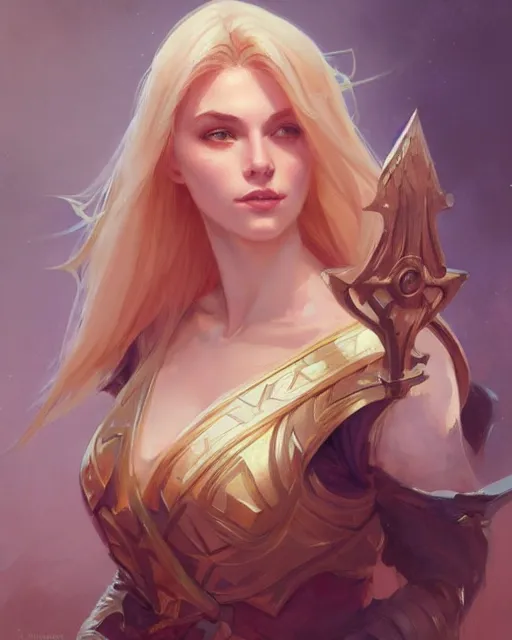 Image similar to '' Portrait of Beautiful blonde Slavic woman, league of legends, LOL, fantasy, d&d, digital painting, artstation, concept art, sharp focus, illustration, art by greg rutkowski and alphonse mucha ''