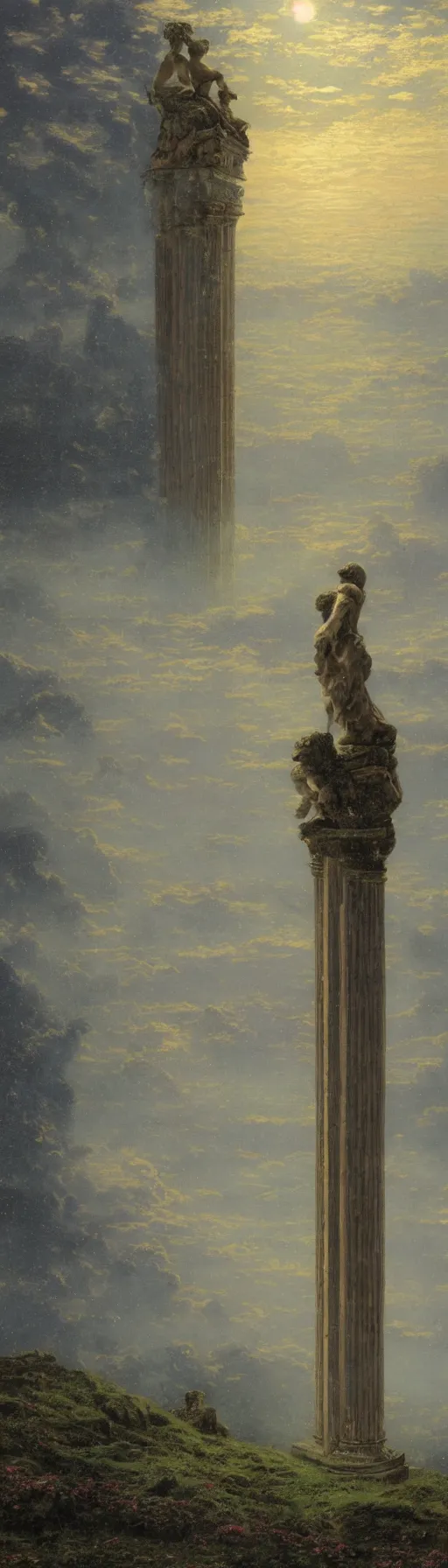 Prompt: an awe-inspiring John Atkinson Grimshaw and Thomas Kinkade style painting of Zeus contemplating humanity's predicament atop an enormous Greco-Roman column while the sun sets upon Mount Olympus in the distance