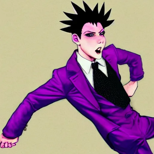 Prompt: boy with eccentric pink hair wearing a purple suit, artwork made by hirohiko araki