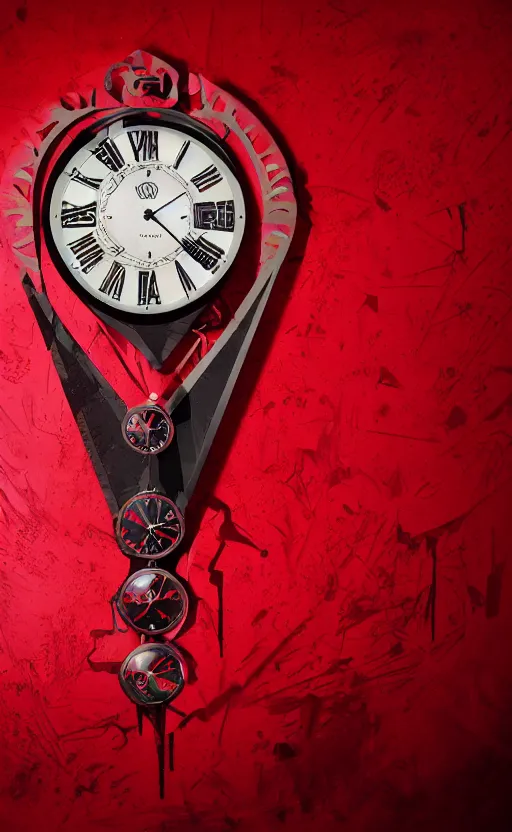 Image similar to a melting Roman numeral clock, behind a red and black gradient background, awith a black heart shaped on the top left corner and a black diamond card shape in the bottom right corner, dynamic lighting, photorealistic fantasy concept art, trending on art station, stunning visuals, cinematic, creative, ultra detailed