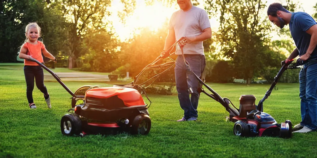Image similar to a two shot of a cute long haired toddler pushing her plastic lawn mower as she follows directly behind her father, who is mowing his lawn while sitting on a riding lawnmower, golden hour