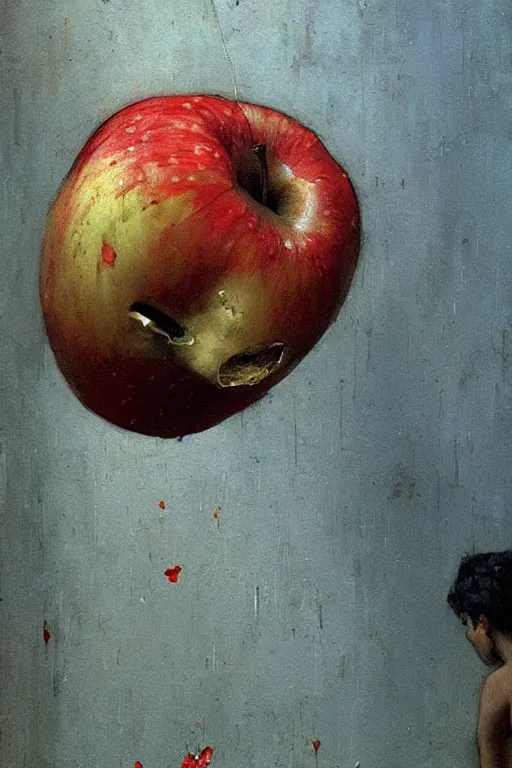 Prompt: A giant rotten apple floating in an abandoned bedroom, detailed art by Phil Hale and Ilya repin