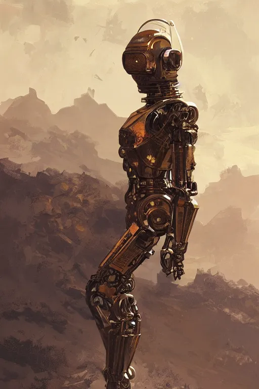 Image similar to portrait of a robot with a bronze armor, landing on the moon, highly detailed, digital painting, artstation, concept art, sharp focus, illustration, art by WLOP and tian zi and alphonse mucha
