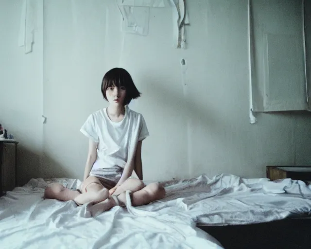 Prompt: a film still of lone anime girl in white tshirt is sitting on poor bed in pale colors room in dark russian flat, perfect faces, anime, cinestill