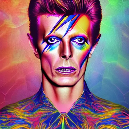 Image similar to an extremely psychedelic portrait of david bowie, surreal, lsd, face, detailed, intricate, elegant, lithe, highly detailed, digital oth, sharp focus, illustration,