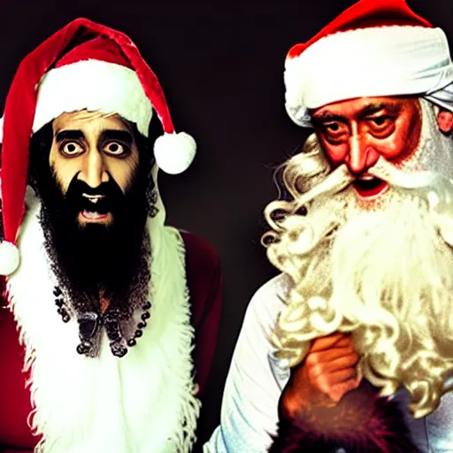 Image similar to uhd candid photo of bin laden and santa claus on skid row, making a dirty bomb. correct faces, intricate details, hyperdetailed, accurate faces. photo by annie leibowitz