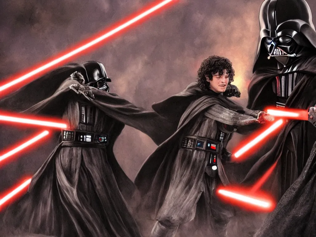 Image similar to Frodo fighting Darth Vader