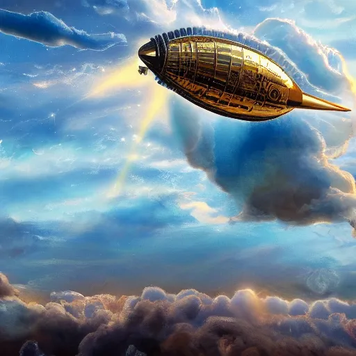 Image similar to big steampunk zeppelin flying in big fluffy clouds, cinematic light, epic scene, god rays, 8 k, high detailed ornaments, liquid marbling acrylic paint, sunset, magic hour, golden hour, strathosphere, nebula sky, milkyway