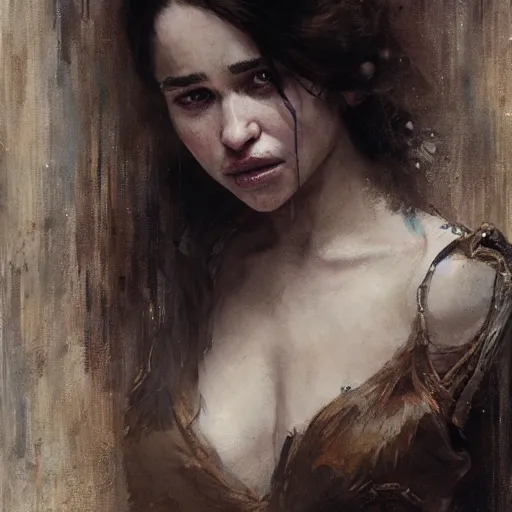 Image similar to emilia clarke with long fangs, detailed, by gaston bussiere, bayard wu, greg rutkowski, giger, maxim verehin, greg rutkowski, masterpiece, sharp focus,