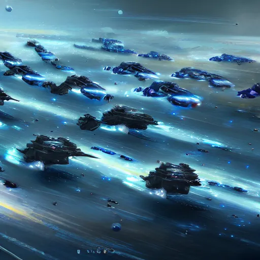 Prompt: highly detailed digital painting of a futuristic fleet of battlecruisers in space preparing for battle, 8k, trending on artstation,award-winning art, digital art