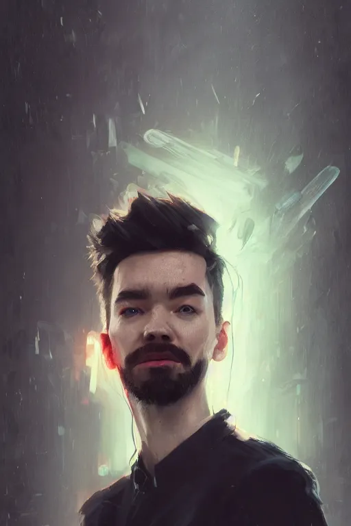 Image similar to a fancy portrait of the YouTuber jacksepticeye by Greg Rutkowski, Sung Choi, Mitchell Mohrhauser, Maciej Kuciara, Johnson Ting, Maxim Verehin, Peter Konig, 8k photorealistic, cinematic lighting, HD, high details, atmospheric,